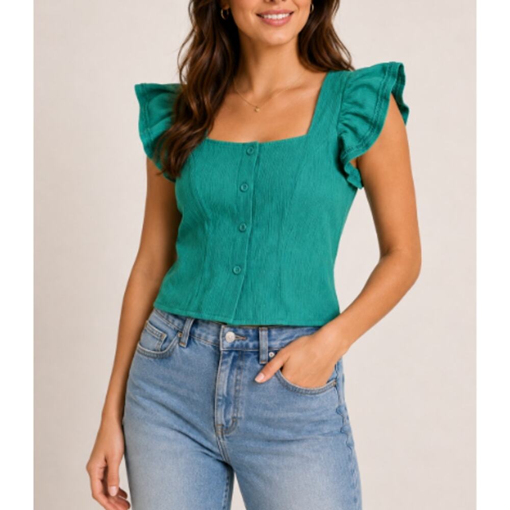 Dolan Anthropologie Green Square Neck Ruffle Short Sleeve Crop Top Size Small